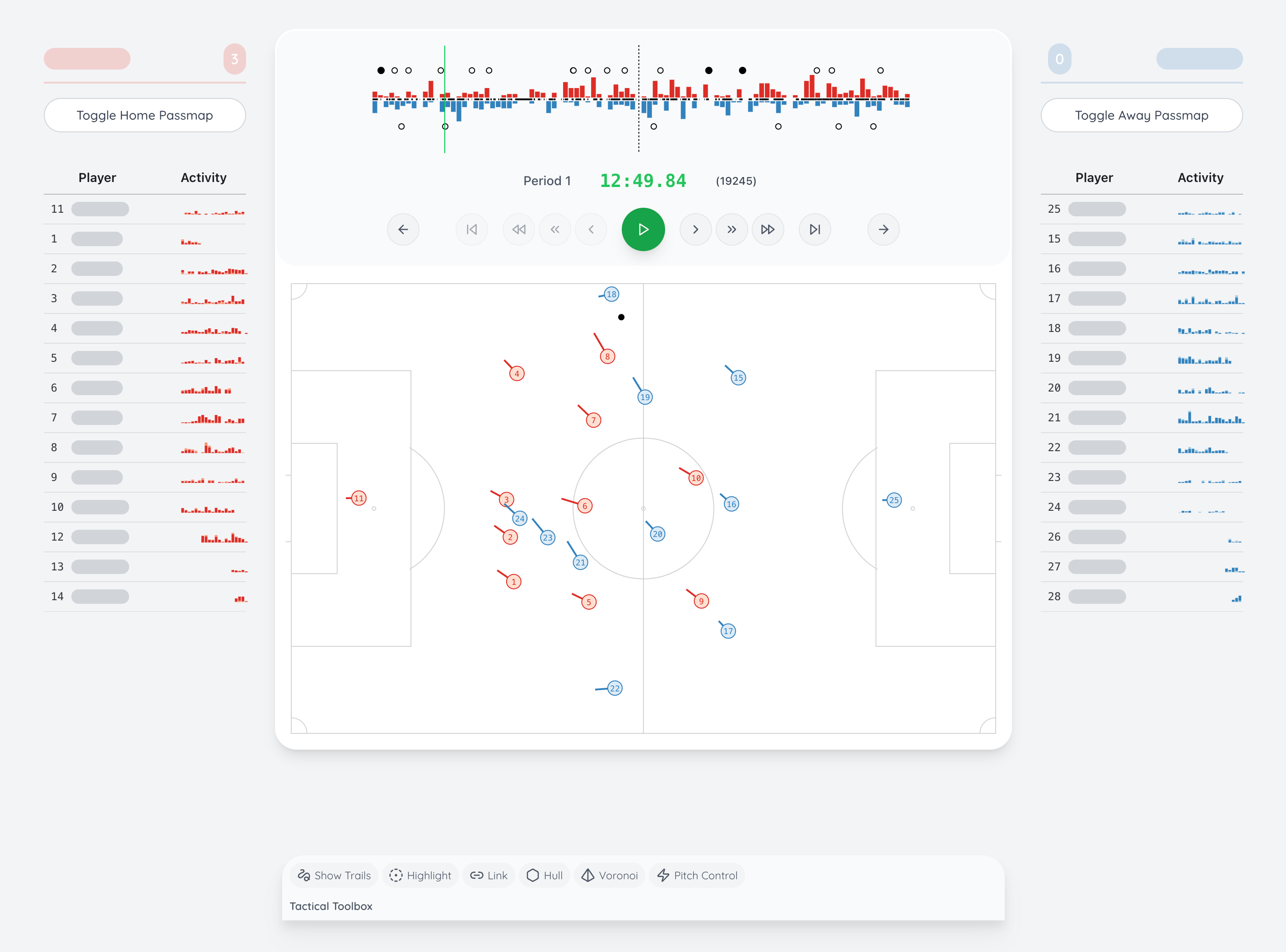 halfspace.app tactical analysis interface showing player tracking and interactive controls